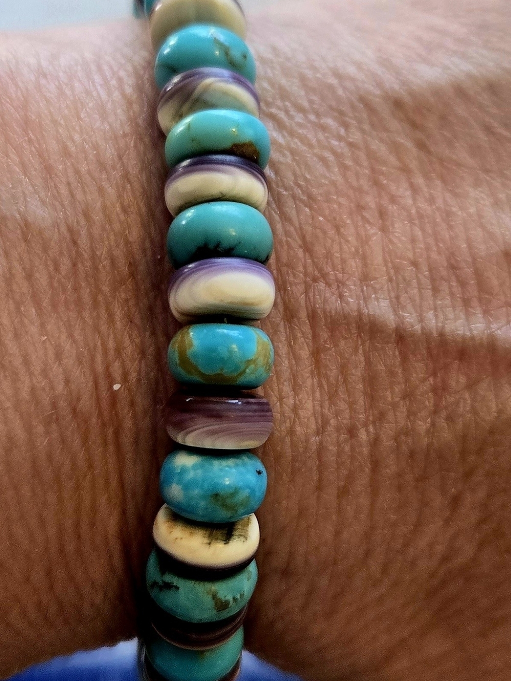 Genuine Turquoise & Wampum With Sterling Hand Beaded Women's Bracelet - Handmade